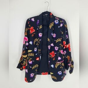 EXPRESS BLACK FLORAL TIE SLEEVE BOYFRIEND BLAZER JACKET OPEN FRONT SIZE S
